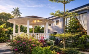 garden gazebo at a hotel in Cavite surrounded by lush landscaping and flowering plants
