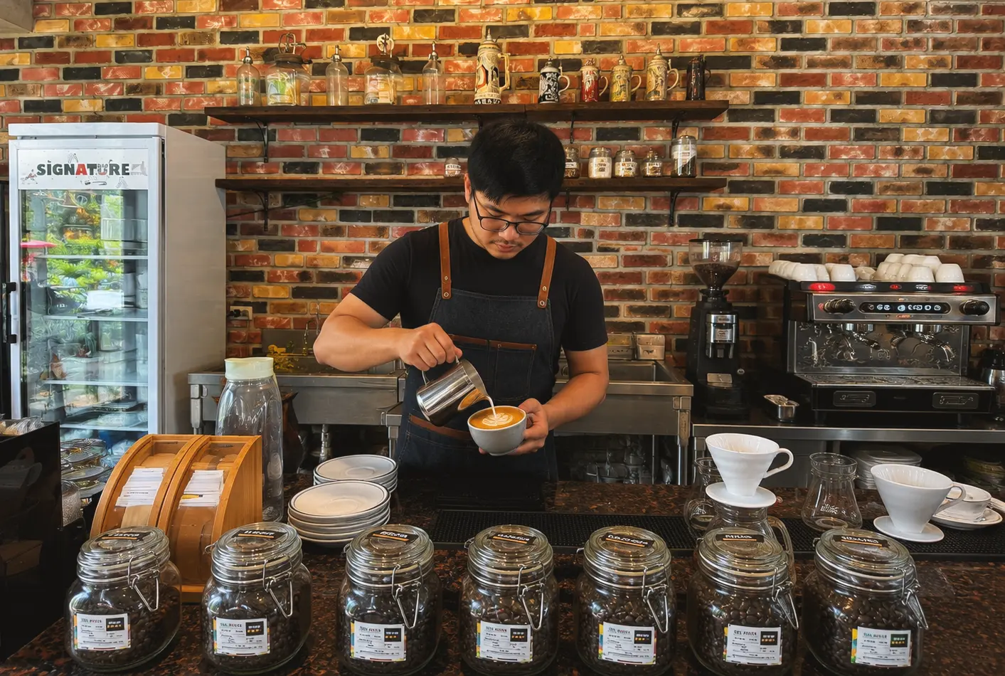 A barista pouring latte art into a cup at the espresso bar of Wondellea Cafe & Resort, a premium specialty cafe in Cavite - Best Places for Coffee