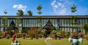 The grand modern facade and lush garden walkway showcasing the premium resort facilities at Wondellea