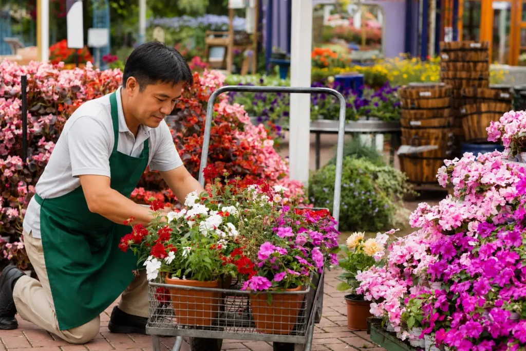 Staff member arranging colorful flowering plants and garden blooms at Wondellea Cafe & Resort, Silang Cavite, showcasing the resort's vibrant flower garden and relaxing scenery.
