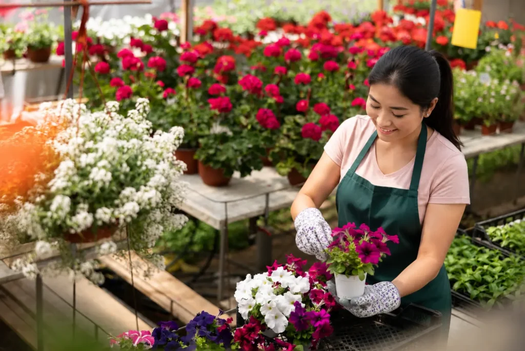 Staff member caring for colorful flowering plants inside the greenhouse at Wondellea Cafe & Resort, Silang Cavite, showcasing a vibrant garden and plant collection.