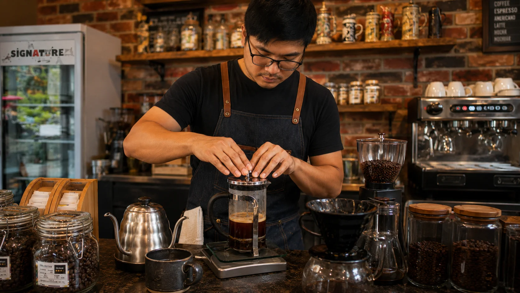 Barista brewing French press coffee at the best coffee shop in Cavite