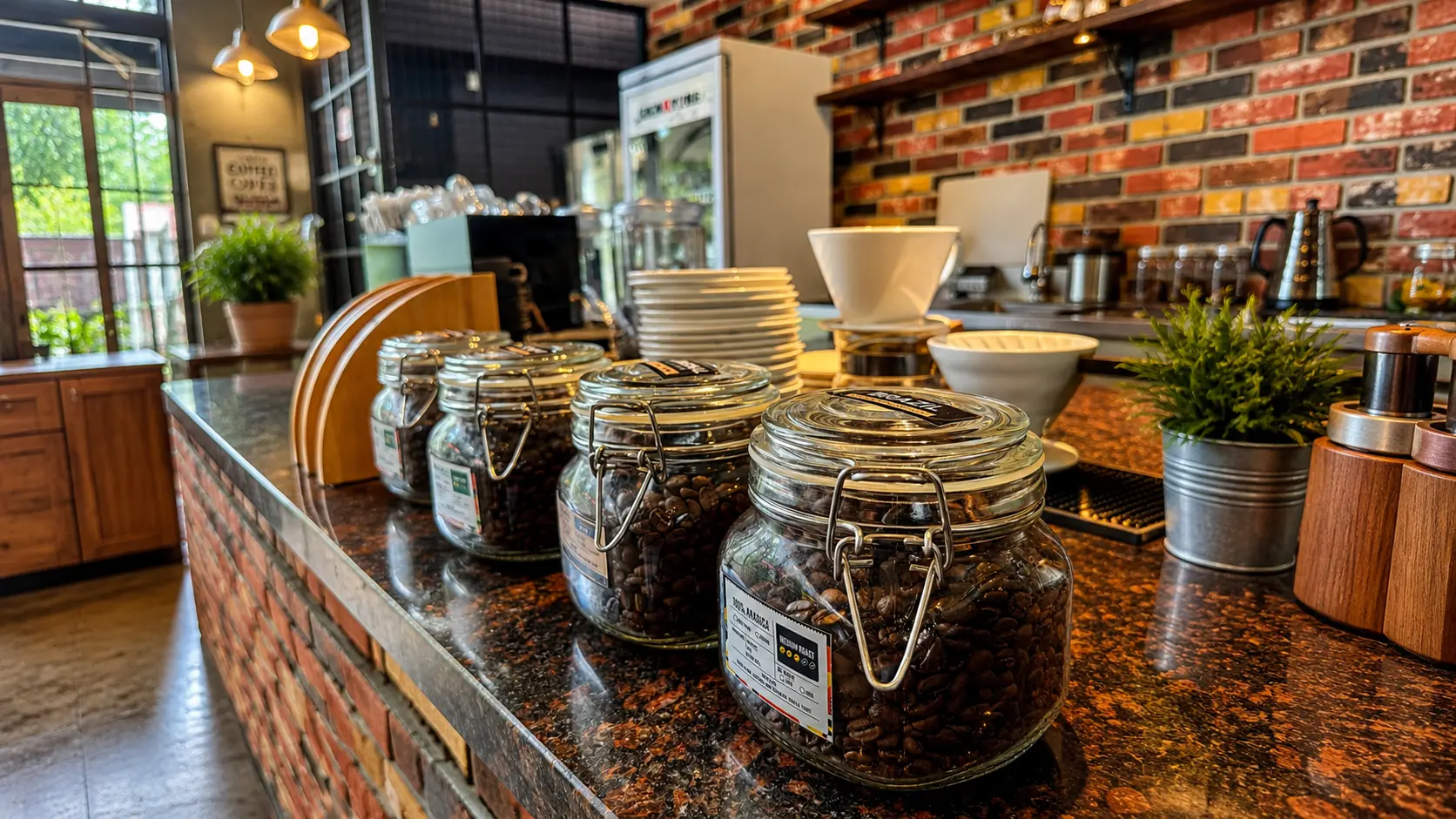 Coffee bean jars on the counter at the best coffee shop in Cavite