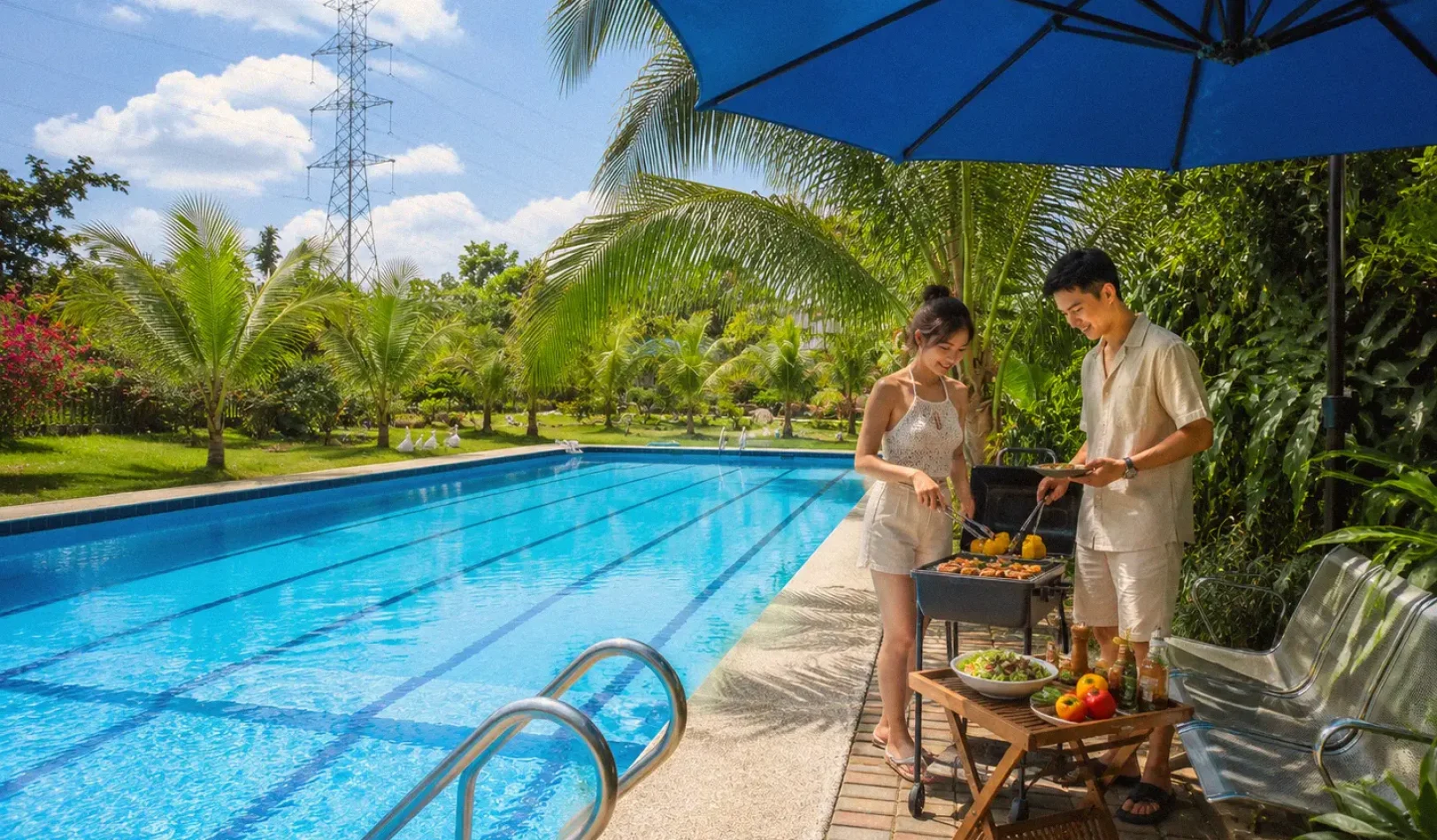 Overhead view of a couple cooking at a modern brick grill station surrounded by gardens in the barbeque area at Wondellea