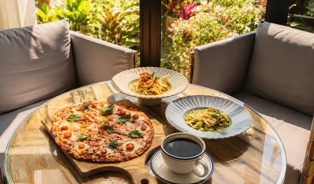 Restaurant in Silang Cavite serving pizza, pasta, and coffee with a relaxing garden view