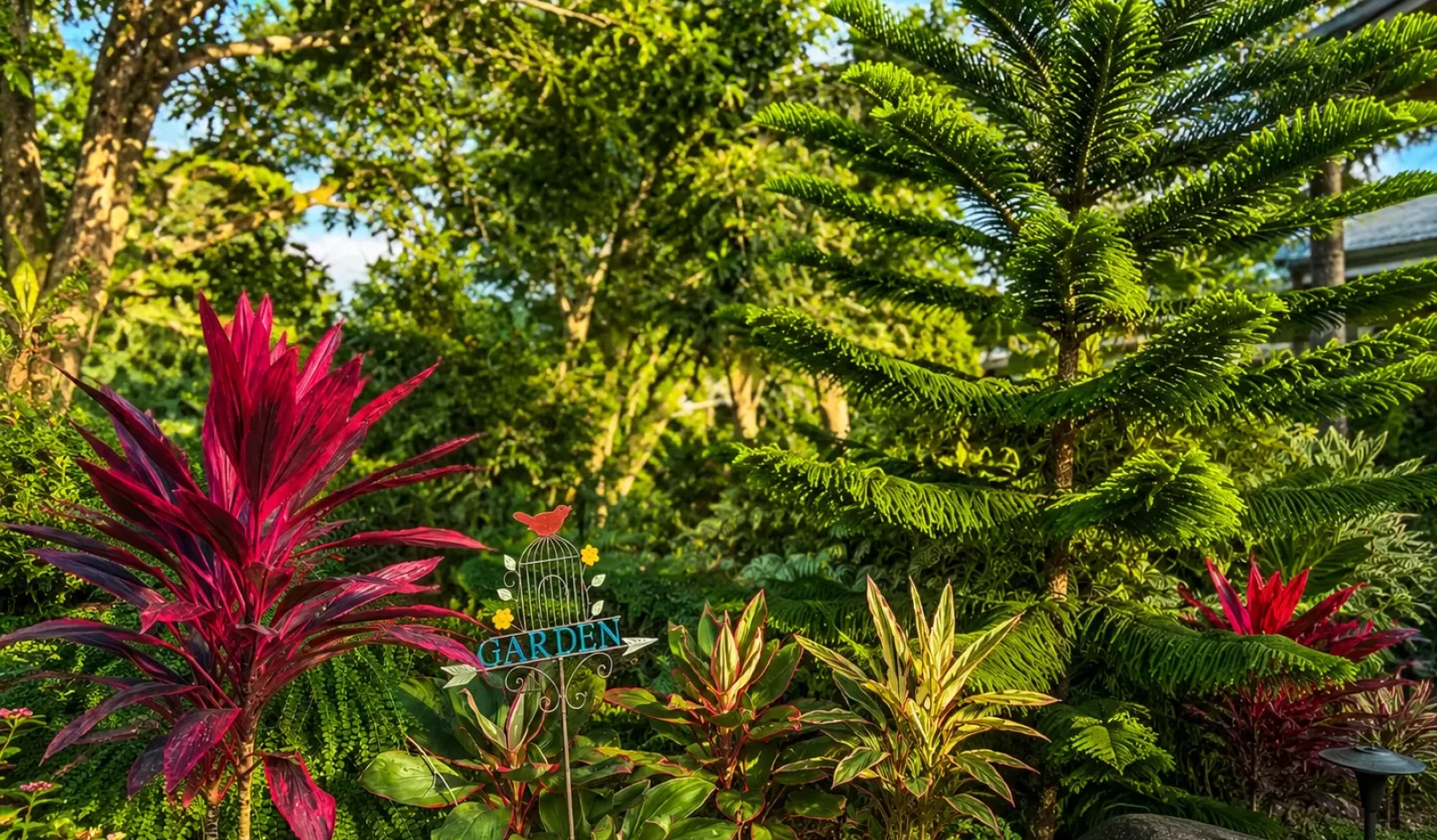 Vibrant red foliage and lush ornamental pine trees showcasing the botanical selection at the flower shop inside Wondellea