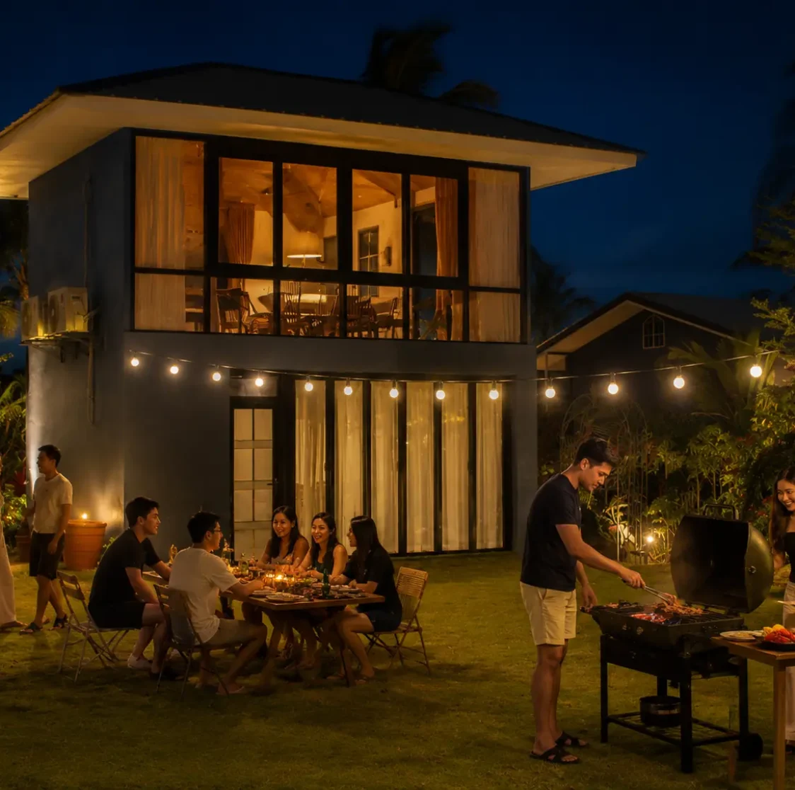 Guests enjoying an outdoor evening dinner with live-fire grilling on the lawn of Wondellea, the best cafe in Silang, Cavite