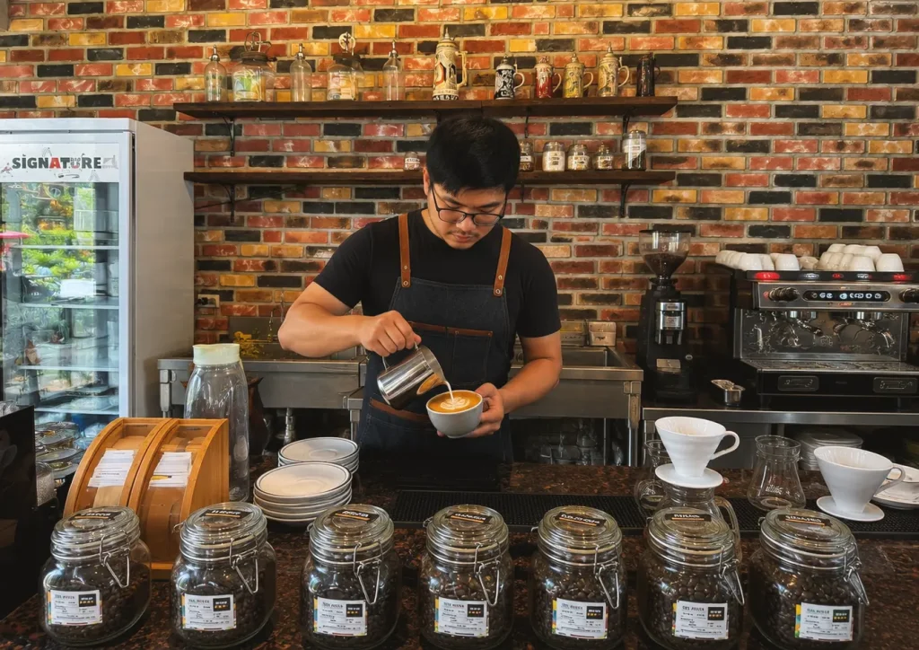 A barista pouring latte art into a cup at the espresso bar of Wondellea Cafe & Resort, a premium specialty cafe in Cavite - Best Places for Coffee