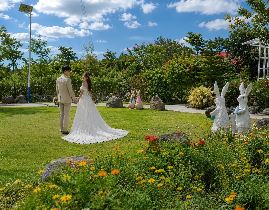 A bride and groom holding hands on a lush green lawn, highlighting the scenic garden wedding venue at Wondellea