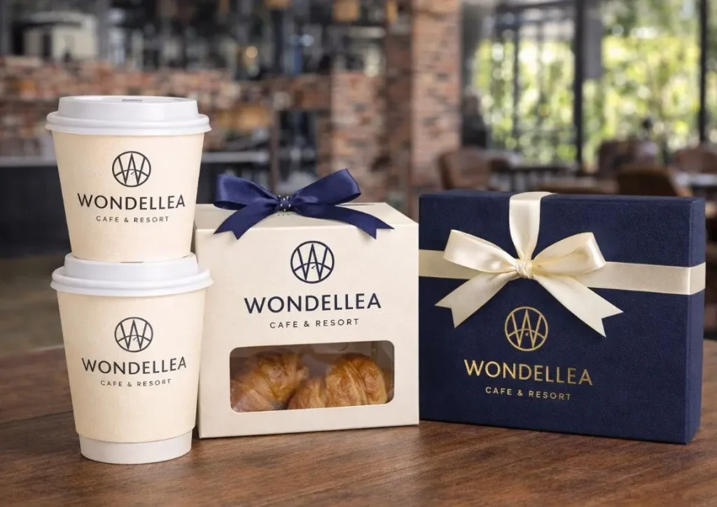 Premium branded coffee cups and elegantly packaged souvenir boxes available at the gift shop inside Wondellea
